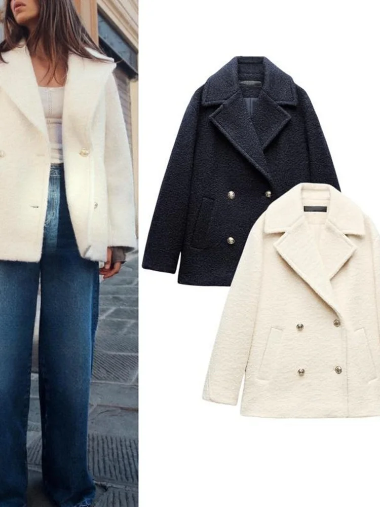 

Faionable Long Sve Woolen Coat Double Breasted Lapel Autumn Winter New Sle Women's High End Feel Pearl Skin Coat