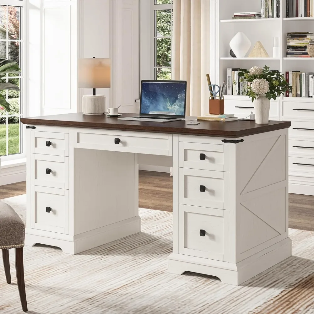 

58" Wide Farmhouse Executive Desk, Wooden Home Office Desk with Power Outlets, Rustic Style Computer Desk with Storage