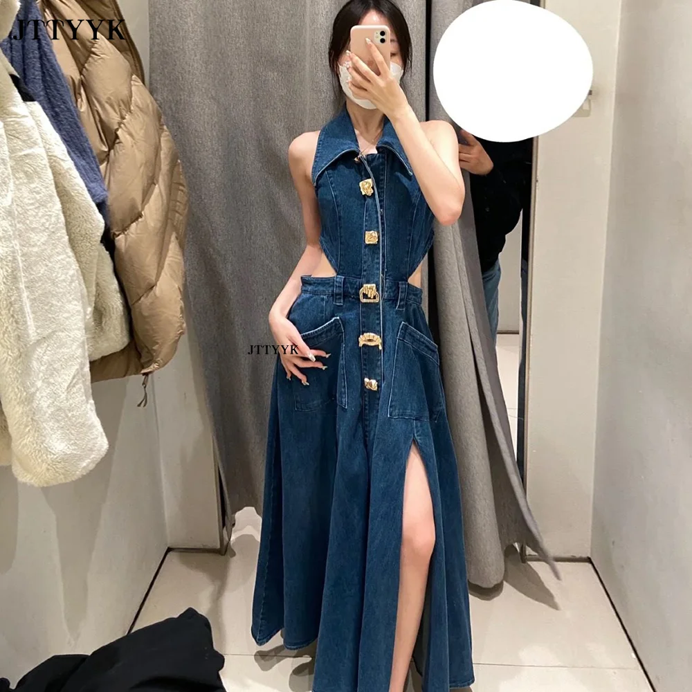 2024 Autumn Summer Ladies Denim Dress Sleeveless Pockets Single Breasted Women Shirt Floor Length Party Beach Sexy Dresses