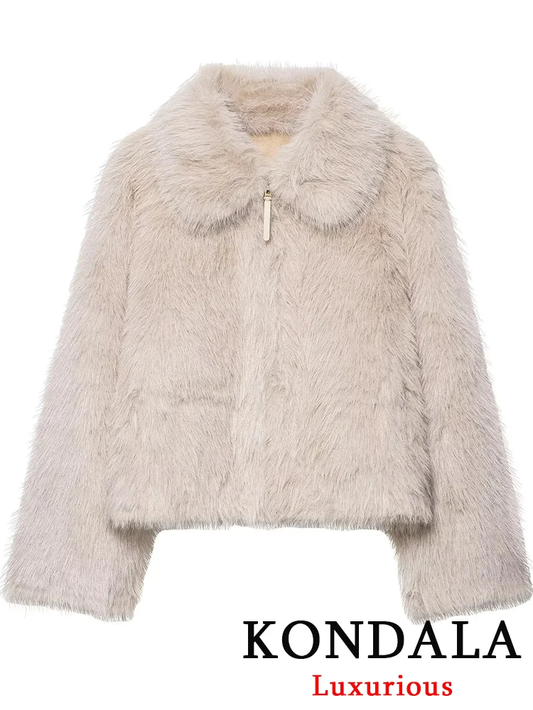 KONDALA Casual Faux Fur Zipper Jackets Long Sleeve Loose Vintage Turn Down Collar Coats Fashion 2025 Autumn Winter Thick Outwear