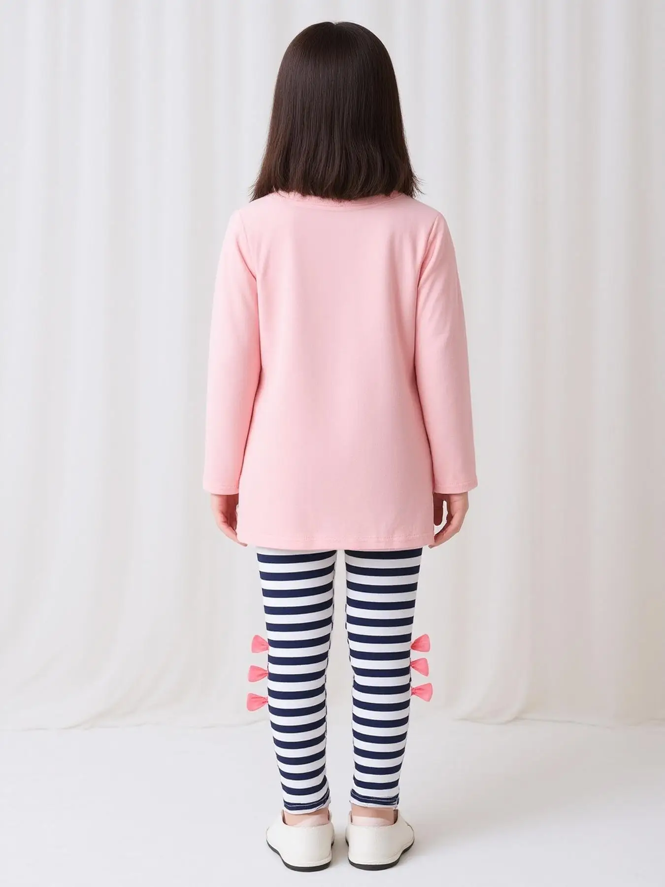 Mädchen-Outfit mit Schleifendekoration, Oberteil + Hose, 2-teilig, langärmliges, einfarbiges T-Shirt, Sweatshirt + gestreifte Leggings, Freizeitkleidung für Kinder, Frühlingsanzug – Detail 4