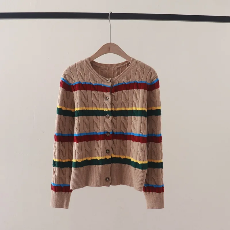 Autumn and Winter New Fashion Color Contrast Wave Striped Crew Neck Long Sleeves Knitted Cardigan Cable-Knit Sweater Coat Slimmi