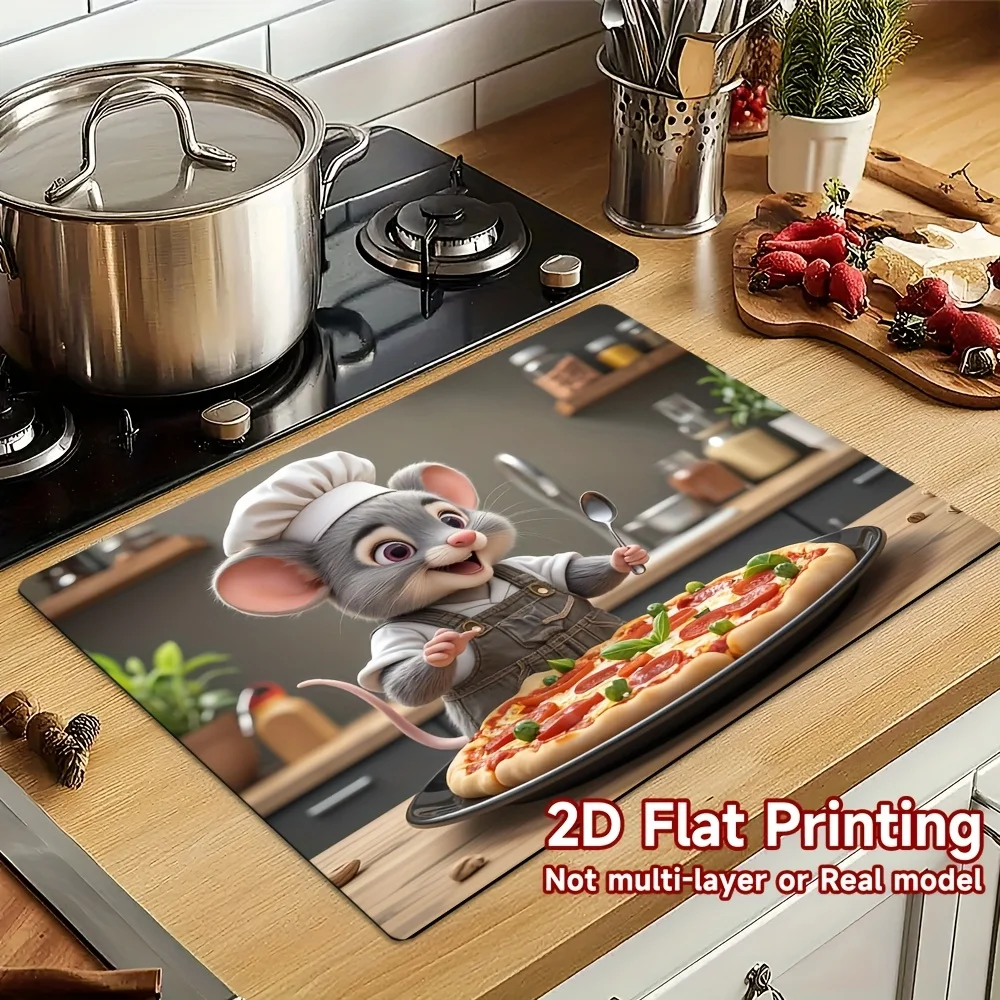 Funny Mouse Chef Pizza Stove Top Cover, Non-Slip Kitchen Mat, Decorative Protector Pad for Gas Cooktop, Fun Kitchen Accessory