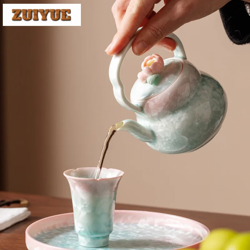 150ml Crystal Glaze Cyan Pink Lifting Handle Teapot Traditional Tea Infuser Pot Tea Making Kettle With Strainer Chinese Tea Set