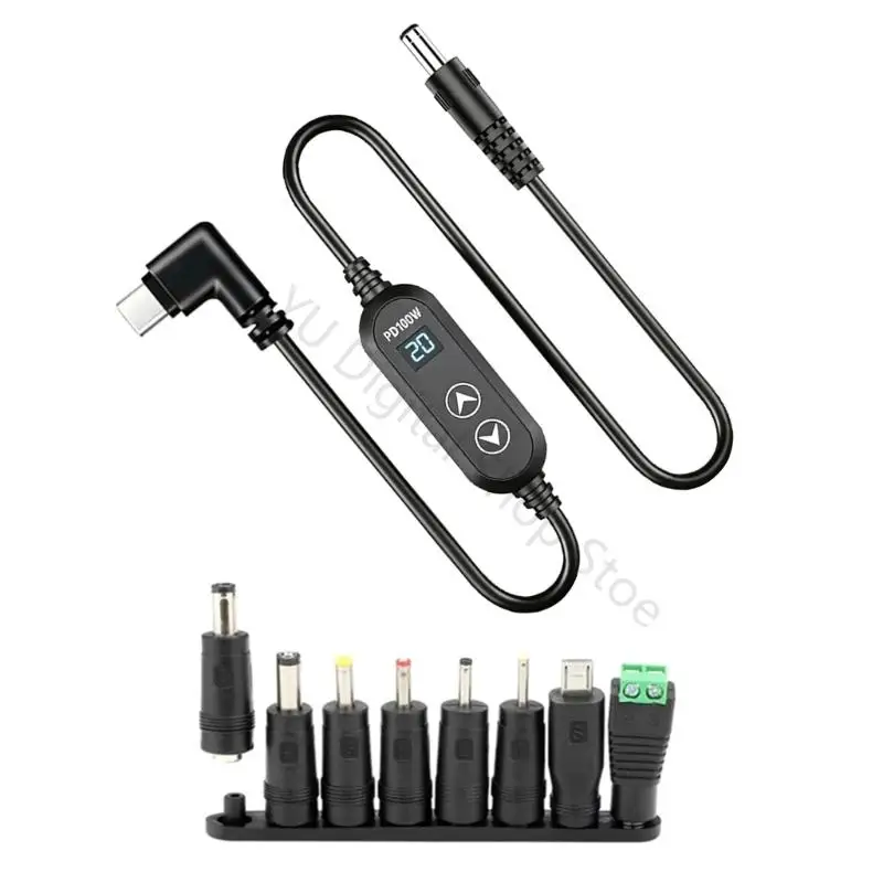 96BA Screen Unit USB C Power Cable, Head, 9V 12V 15V 20V Output, 100W 1.28m with Replaceable Round End Set for Office