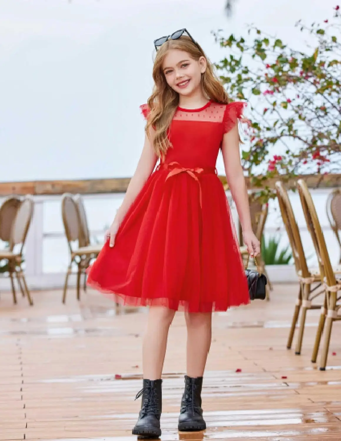 Jeugdige chiffonjurk zomer contrasterende mesh feestjurk, kerst schattige prinses verjaardagsfeestje chiffon jarretel communiejurk