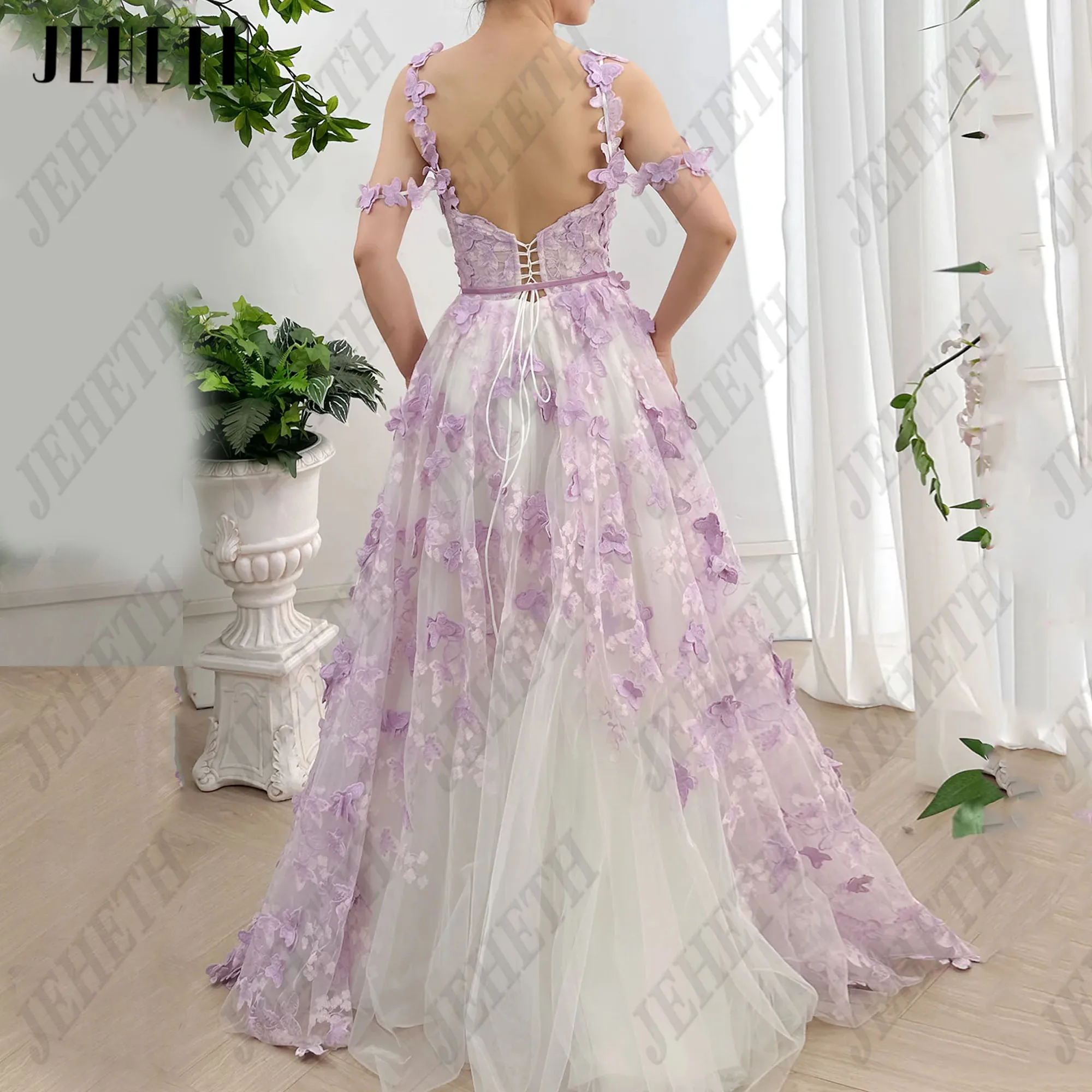 JEHETH Lavender Butterfly Lace Prom Dress Sweetheart Spaghetti Straps Corset Long Wedding Party Dresses Formal Evening Gowns