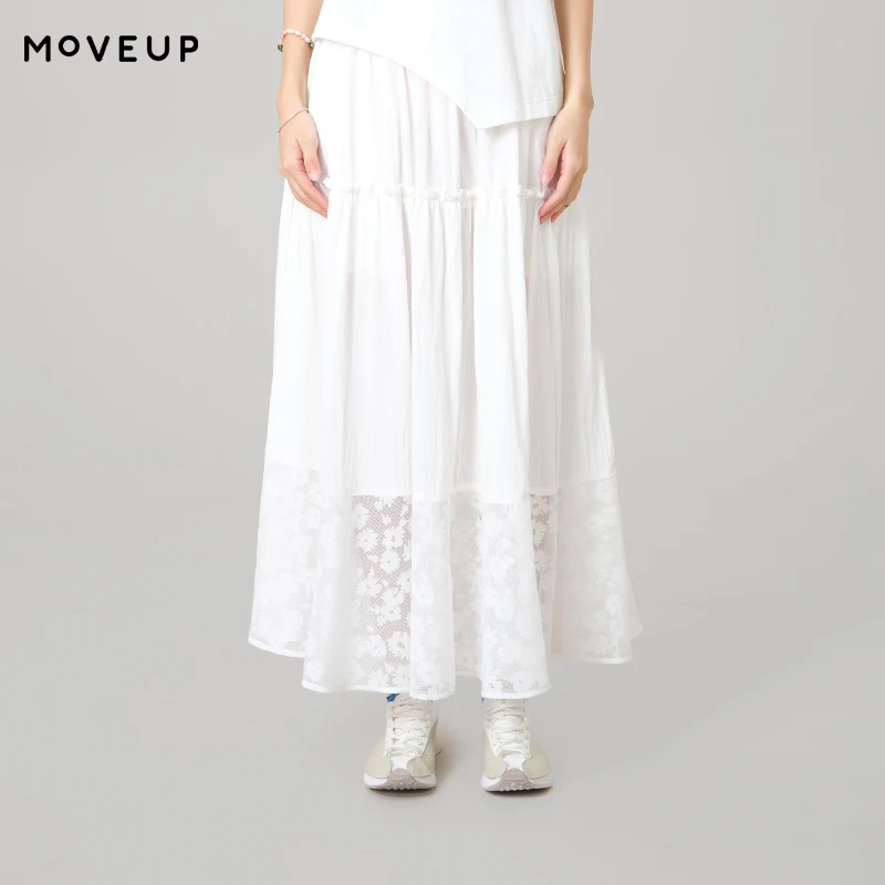 MOVEUP Casual A-Line Skirt 2026 Summer New Elastic Waist Pleated Lace Splicing Flower Jacquard Hem Romantic Skirt 3ELX20619