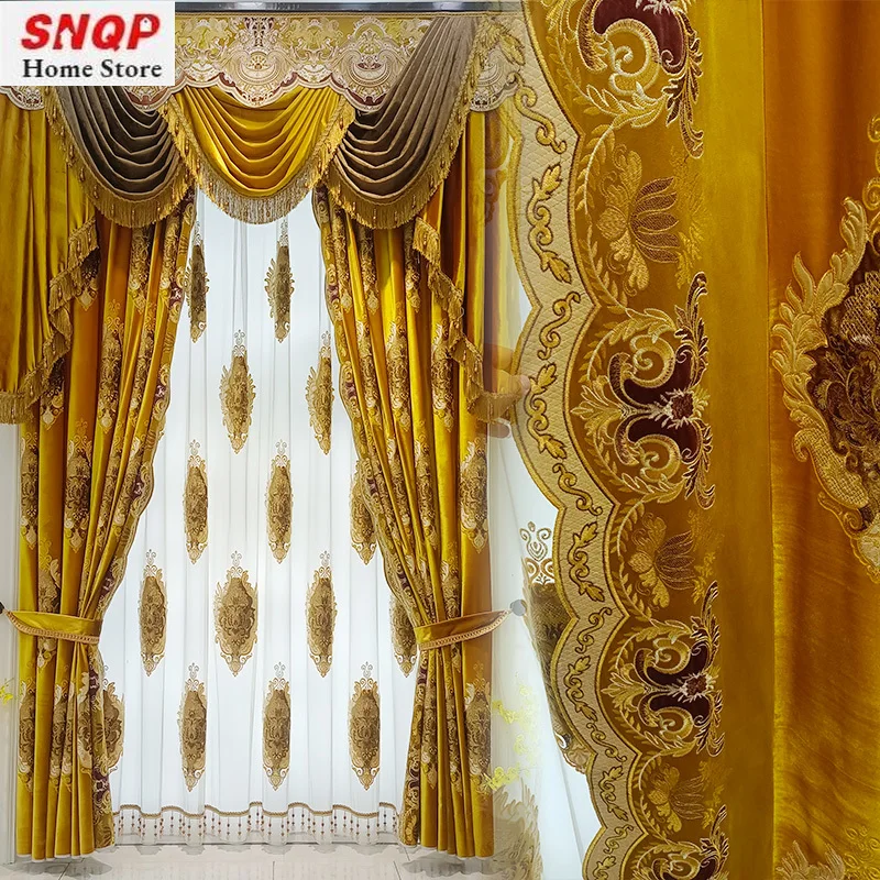 

Golden European Luxury Thick Velvet Curtains for Living Room Dining Bedroom Embroidery Blackout Tulle Valance Custom Palace