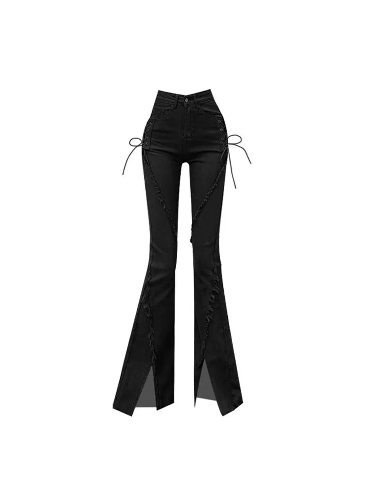 Black Flare Jeans Vintage Low Waisted Split Trousers Aesthetic Streetwear Casual Cargo Pants Women Korean Style Distressed Jean