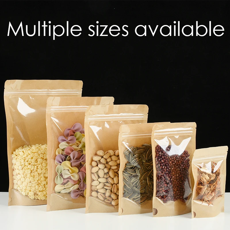 100 Kraft paper sealed pocket Stand up Zip lock Kraft Paper Window Bag Pouches Zipper Self Sealing Bags Food Fruit Tea packaging