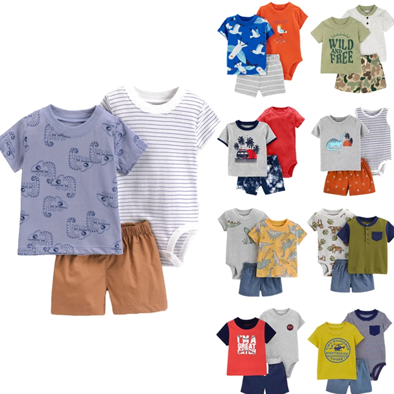 3Pcs Fashion Newborn Baby Boy Clothes Set Cute Cartoon Print Cotton Short Sleeved+Shorts+Jumpsit Infant Soft Toddler Clothing