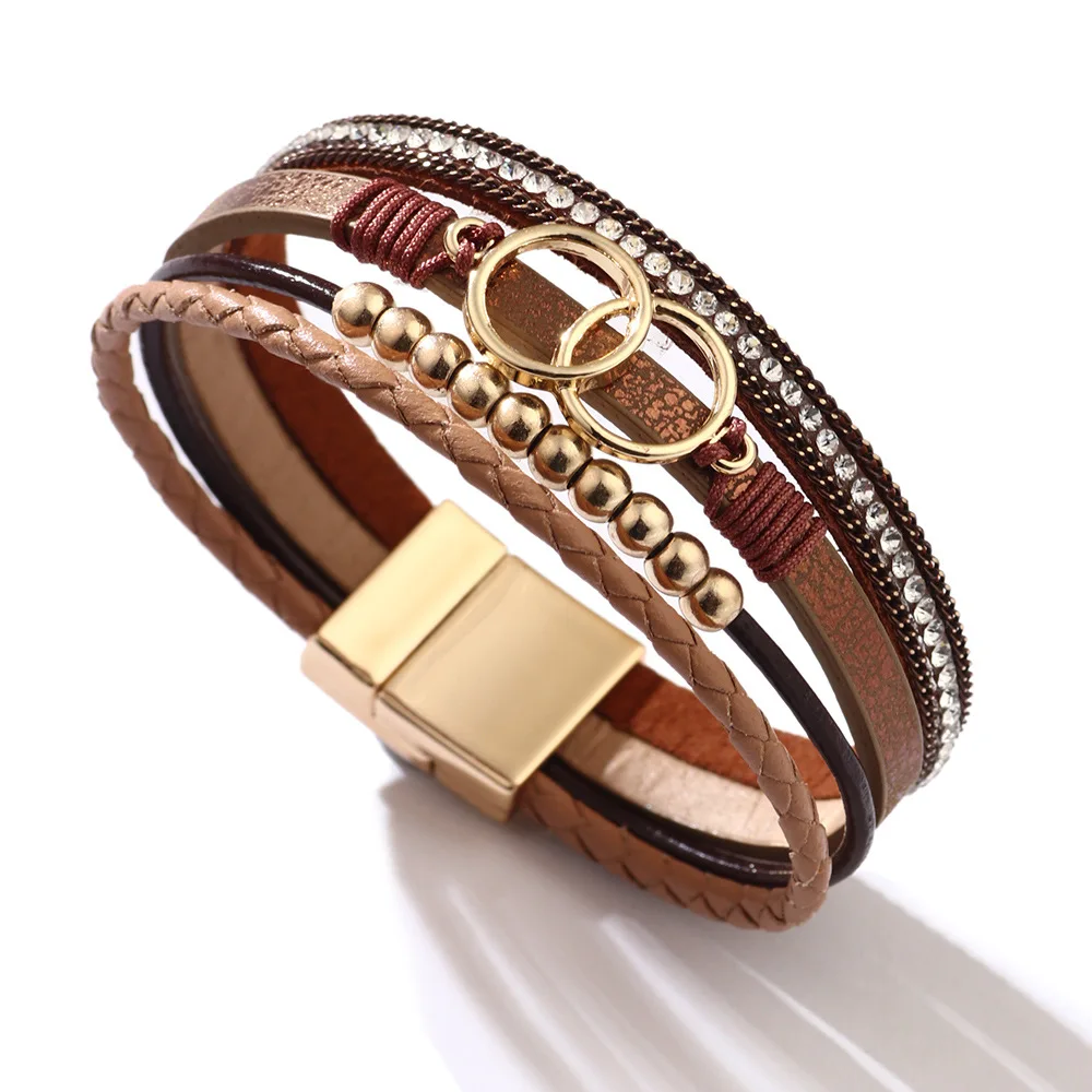 Fashion Vintage Leather Bracelet Colorful Double Ring Gold Beads Hand Woven PU Bangle Campus Women Men Ornaments Jewellery