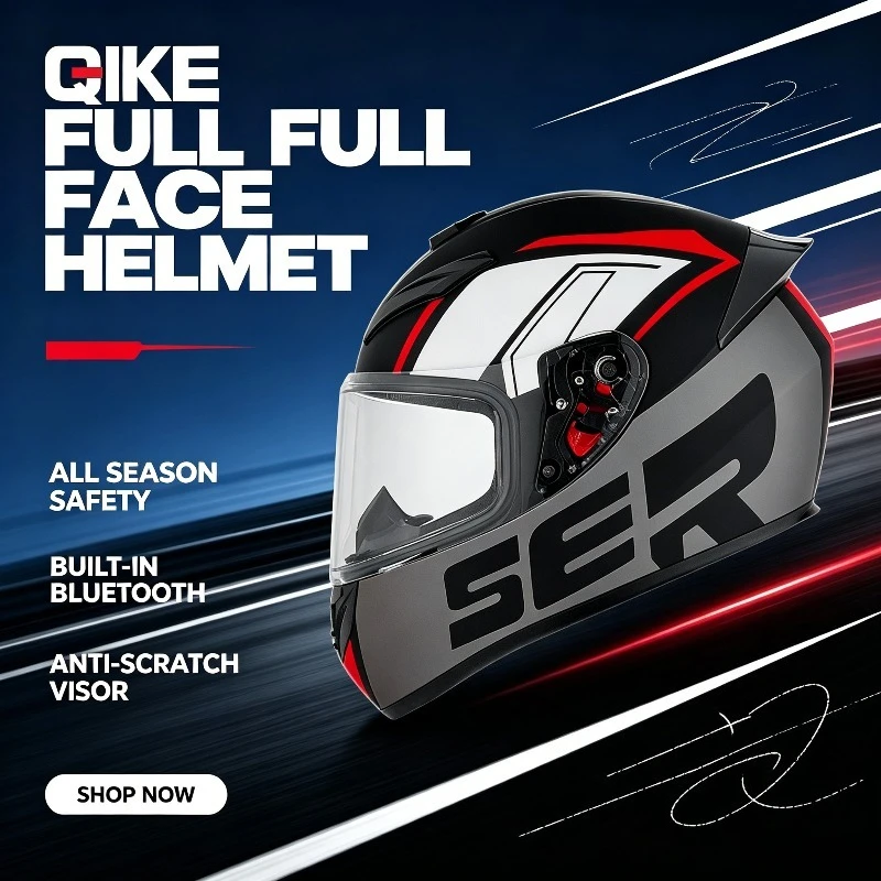 

QIKE Year-Round Gender Free Motorcycle Full-Face Helmet Cool Bluetooth Safety Protector for Street & Highway Riding