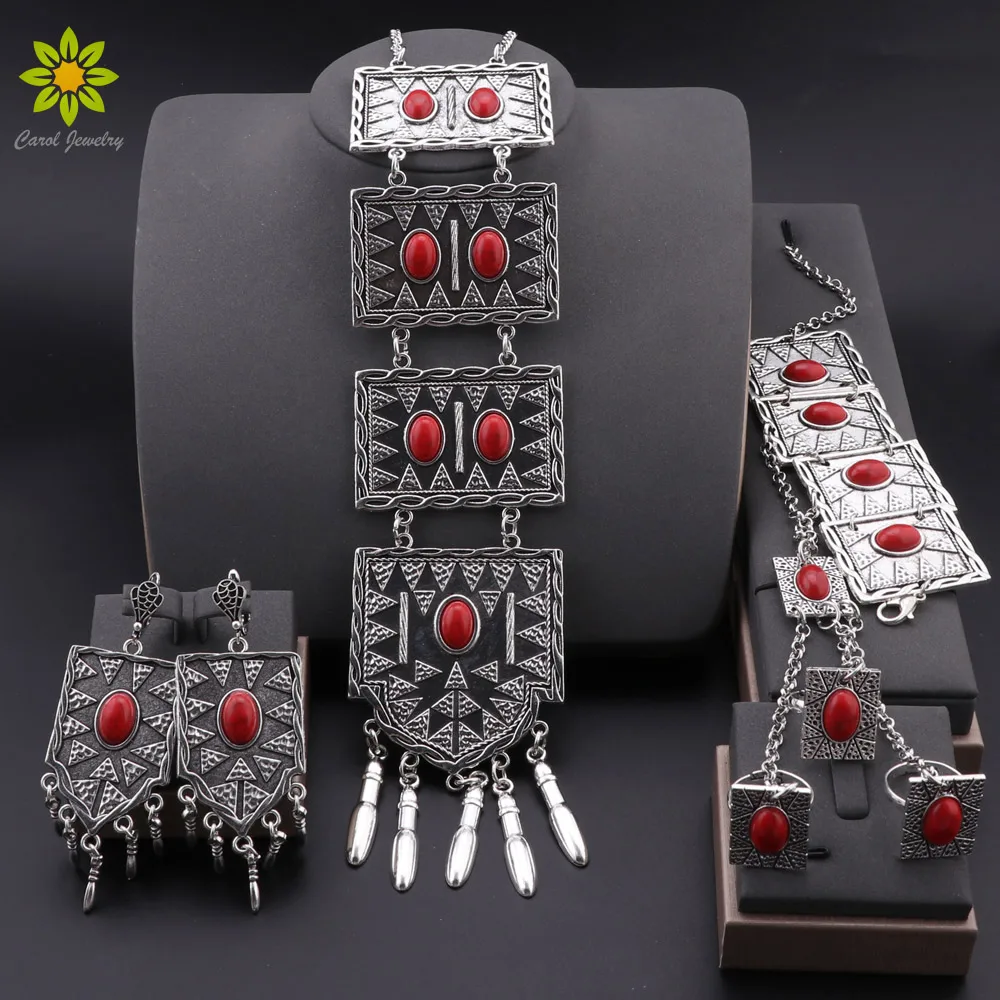 Ethnic Style Silver Plated Jewelry Set t for Women Necklace Earrings Bracelet Connected Rings