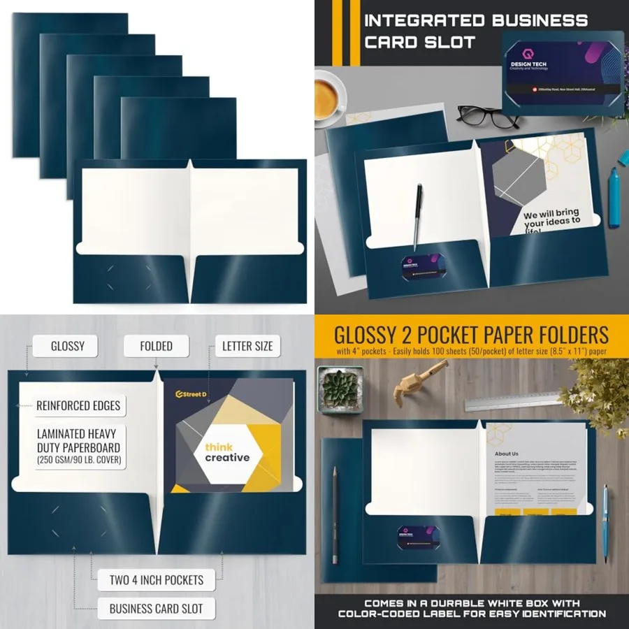 

2 Pocket Glossy Laminated Navy Blue Paper Folders Box of 25 Letter Size Dark Blue Paper Portfolios for Organizing Documents in