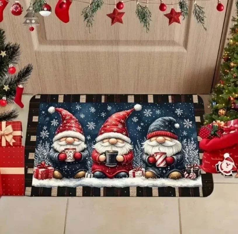 Christmas Gnome Doormat Three Coffee Gnomes Snowflake Plaid Border Indoor Outdoor Entryway Xmas Holiday Decor Home Welcome Mat