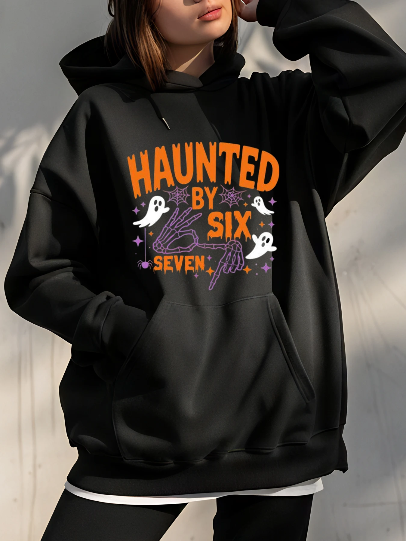 Haunted by Six Seven Halloween Ghost Print Hoodie Women's Casual Plus Size Sweatshirt for Women Autumn Winter Fashion