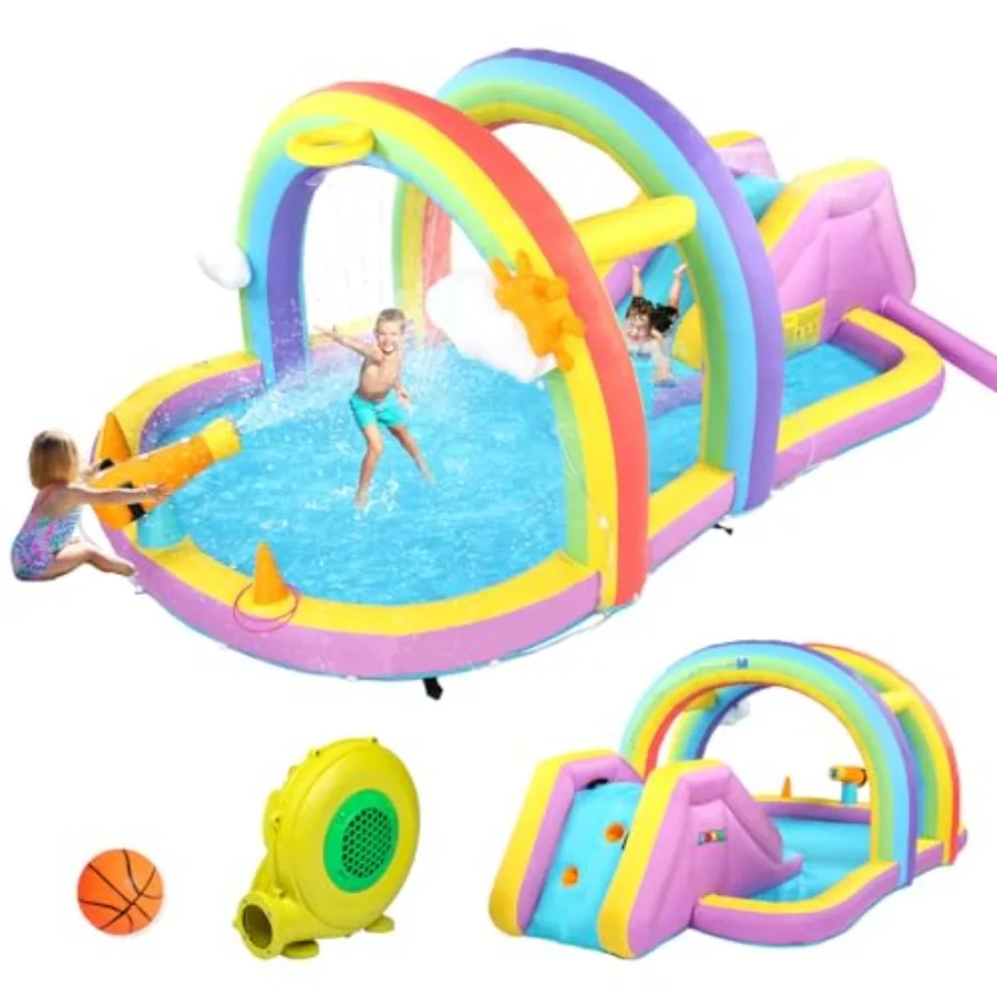 Backyard inflatable water slide with climbing wall, water cannon, basketball hoop, arch sprinklers, blue and yellow design, qui