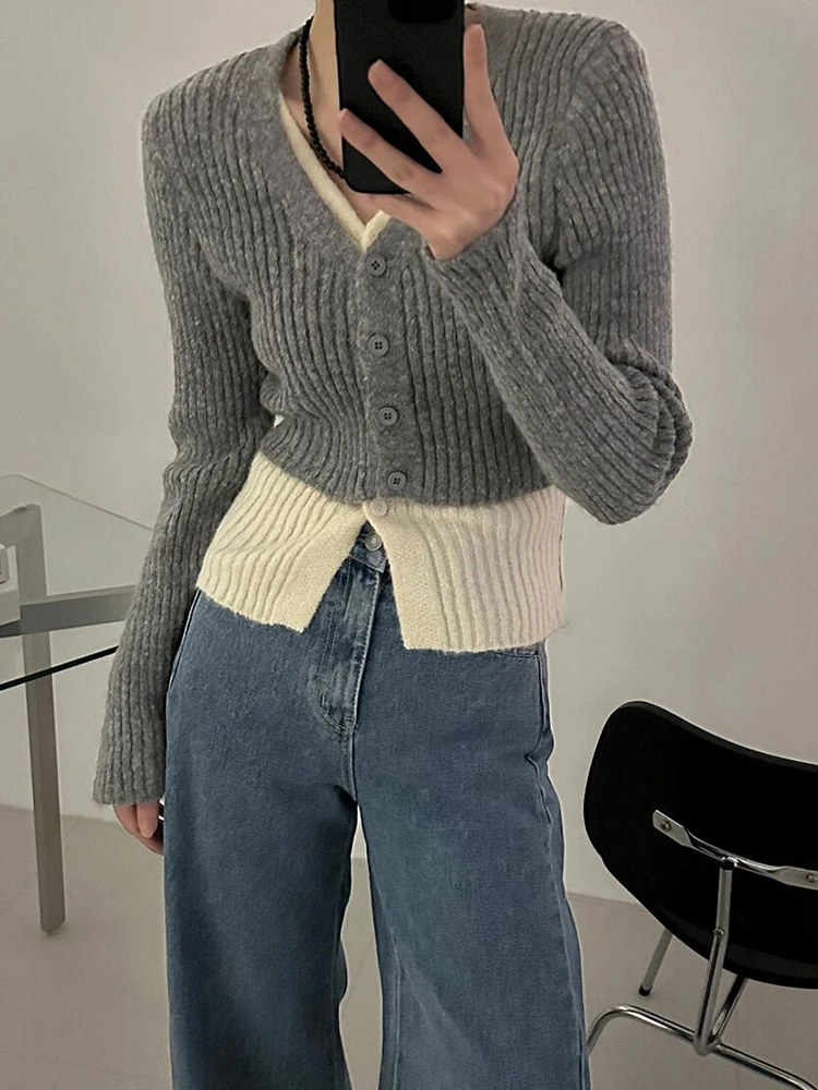 

Korean Fashion Fake Two Piece Sweater Women Autumn Winter Cardigans V Neck Slim-Fit Stretch Single-Breasted Buttons Knit Tops