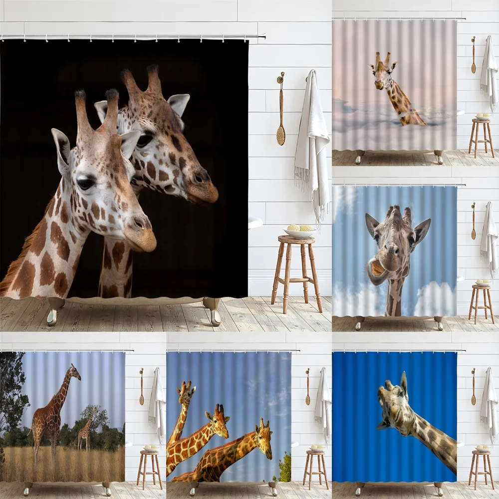 

Funny Animal Shower Curtain Giraffe Jungle Safari Tropic African Wildlife Kid Boy Modern Bathroom Decor Bath Curtains With Hooks