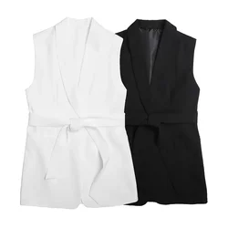 Summer New French Commuting Elegance Versatile Waist Closed Slim Flip Collar Tied up Solid Color Suit Vest