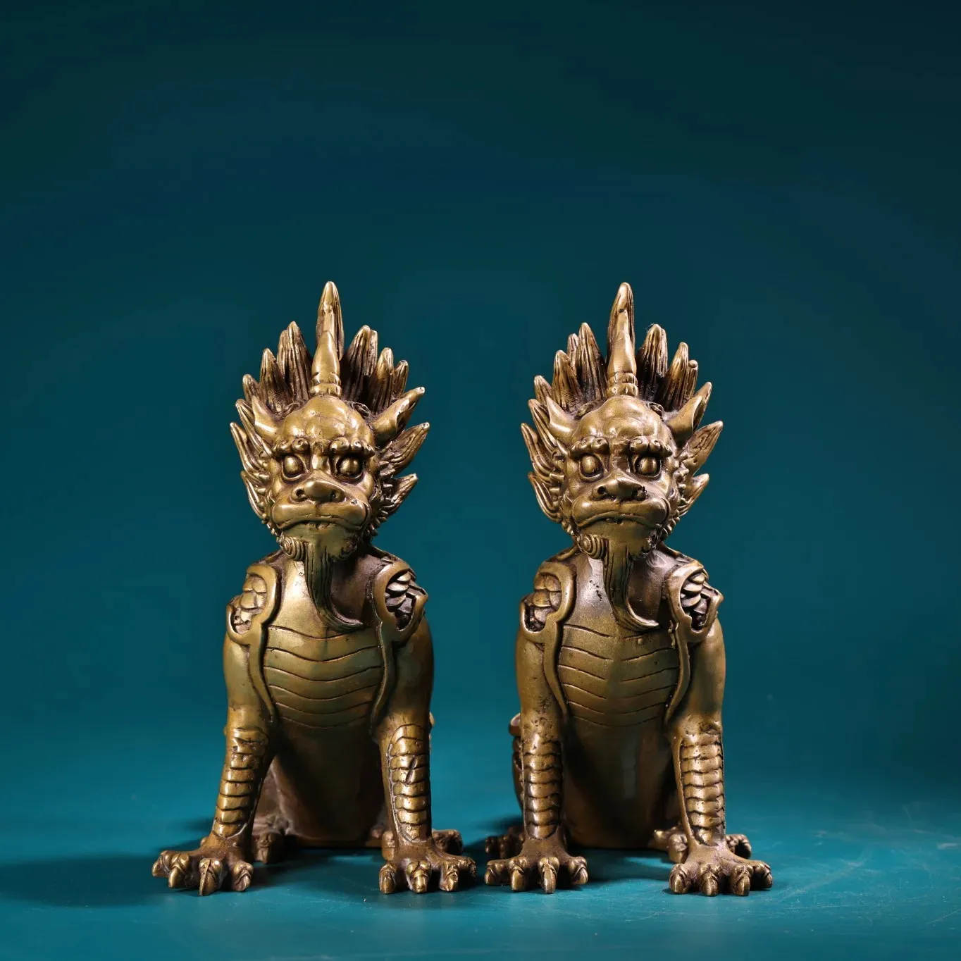 Bronze Cinnabar Kylin Statue A pair Divine Beast Amass wealth Town house