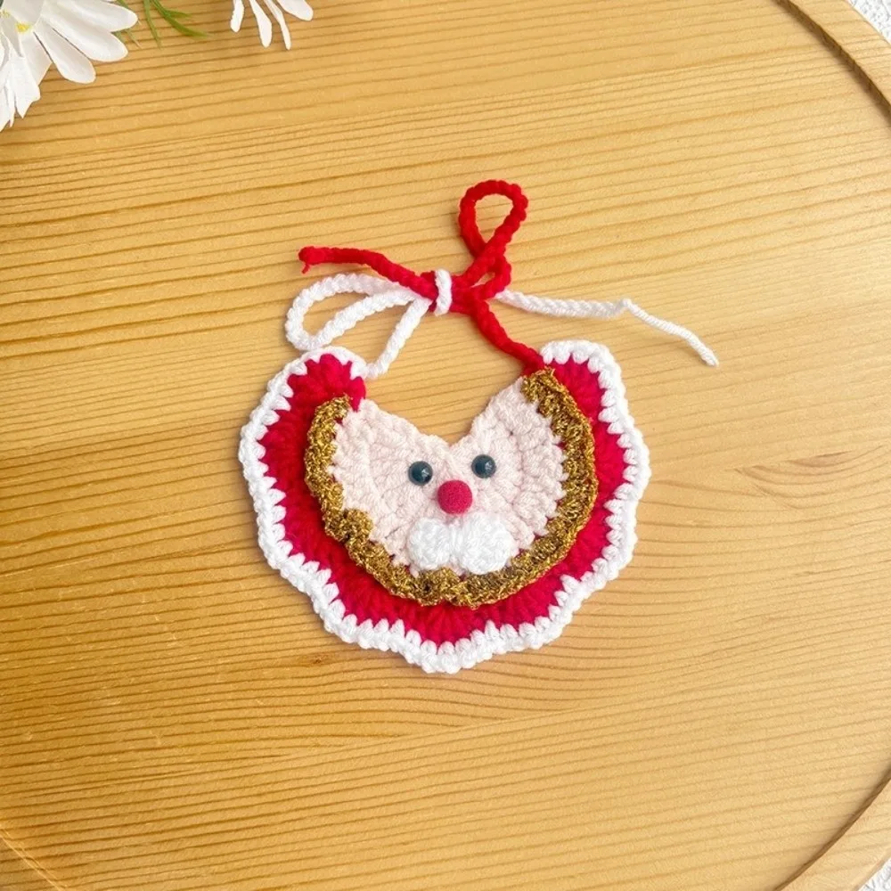 Wavy Edge Christmas Cat Bib Santa Badge Crochet Pattern Pet Santa Scarf Double Stranded Tie Closure .Knit Kitten Bandana