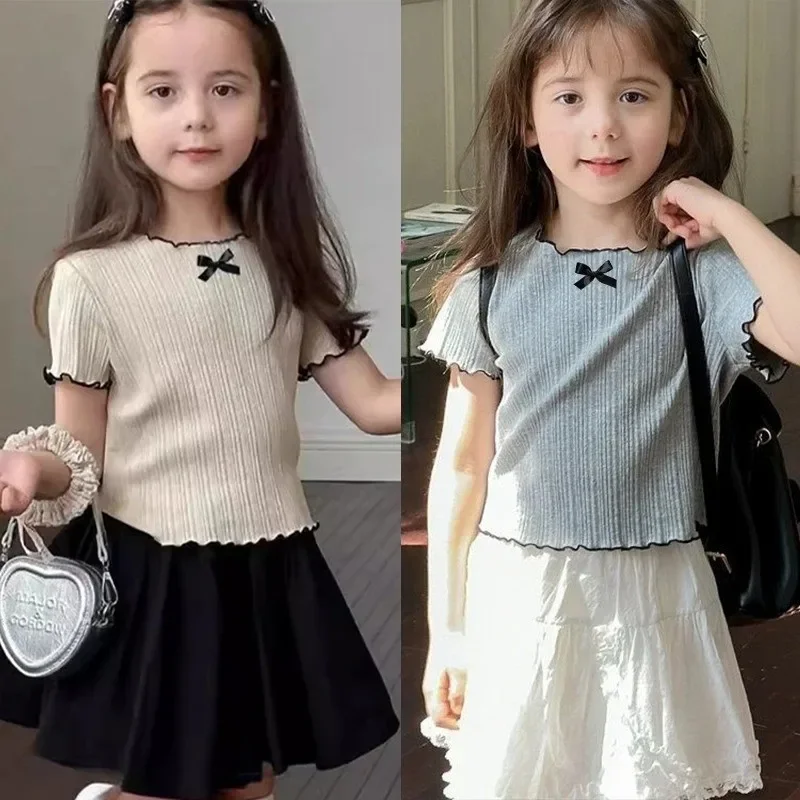 

Girls Casual Ice Silk Short Sleeved T-shirt Summer Children Ear Edge Top 2-10 Years Old Girl Versatile Half Sleeved Clothes