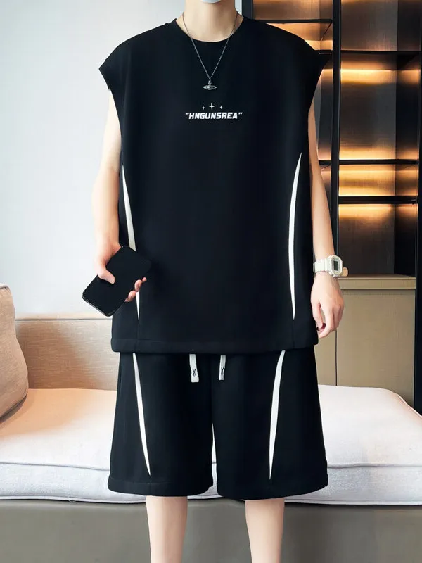 

Мужской летний повседневный спортивный комплект из ледяного шелка и хлопка: майка, футболка и шорты для бега, молодежный комплект из хлопка и полиэстера (длина до колена)