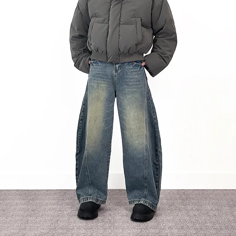 

Wide Leg Curved Jeans Mens Washed Distressed Retro High Street Loose Denim Pants Baggy Trousers Y2K Men Straight Spliced Jeans
