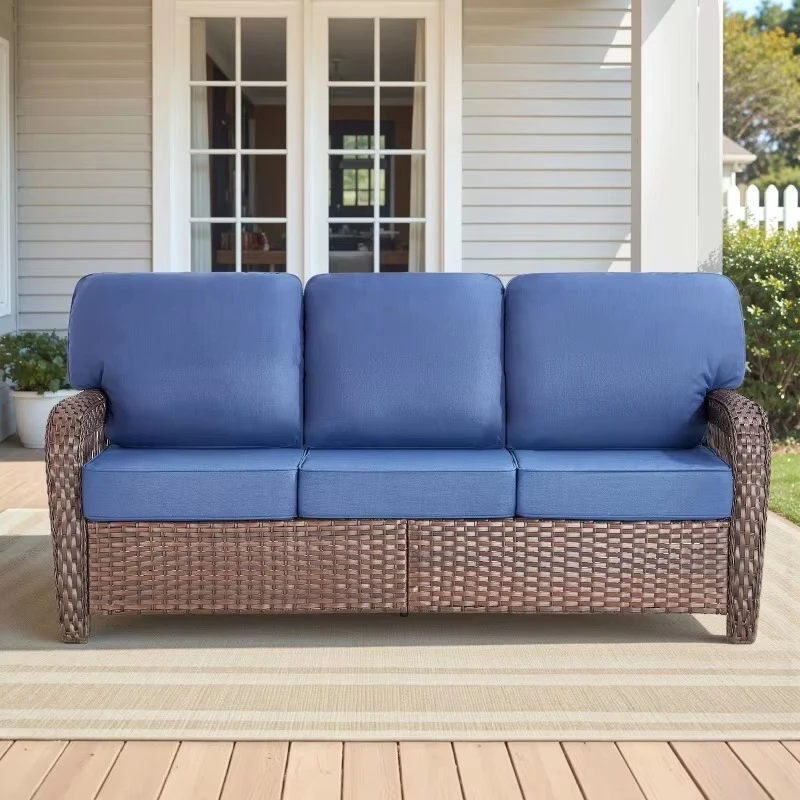 Outdoor 3-Seat Wicker Terrace T-Back Cushion with 5 Thick Foam, All Weather PE Rattan