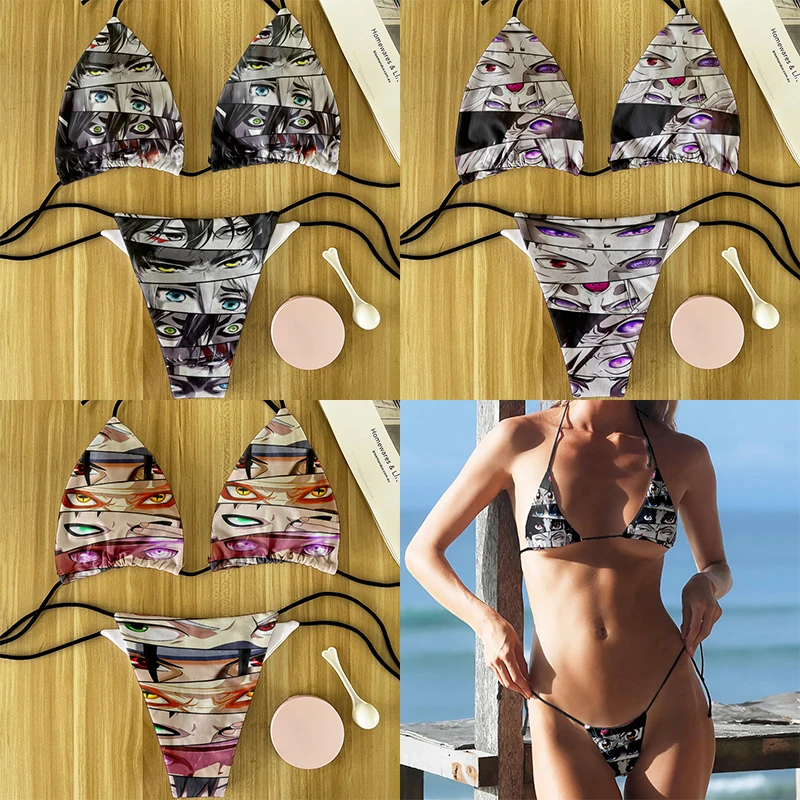 

Cartoon anime eye pattern printed swimsuit beach surfing vacation ladies swimsuit two-piece deep V halter low waist sexy bikini