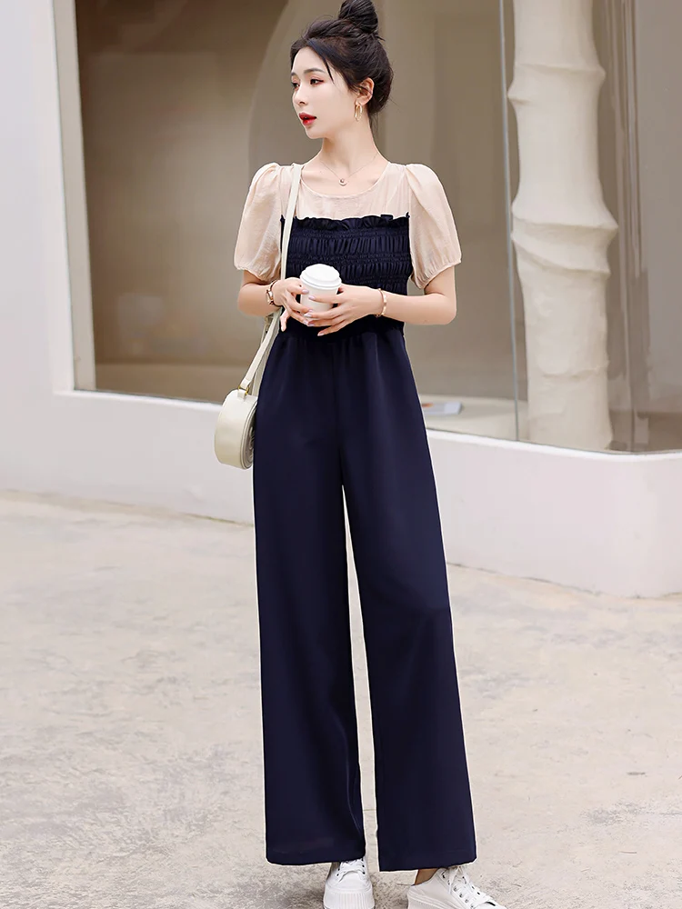 

Летний комбинезон-брюки с широкими штанинами и эффектом плиссировки, в стиле Хепберн, с длинными рукавами