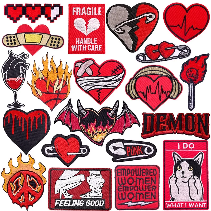 Designer Red Punk Love Heart Letters Iron-on Sew Embroidery Badge Patches DIY T-shirt Hat Backpack Clothing Appliques Sticker