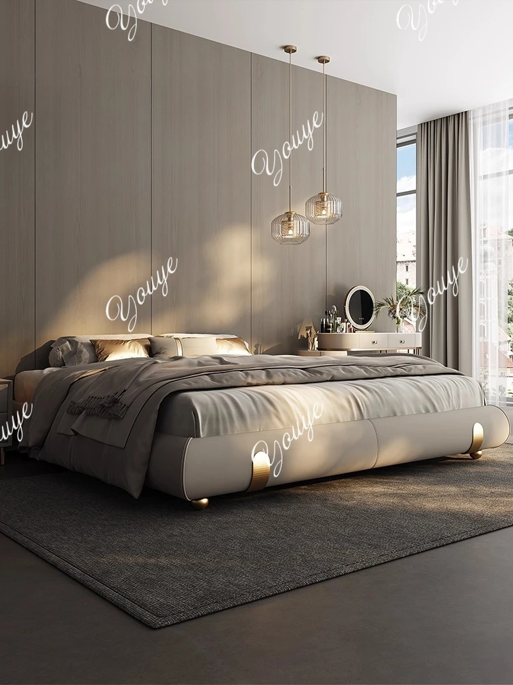 

Light luxury no bedside leather bed modern simple small apartment master and second bedroom no back silent ribs bed