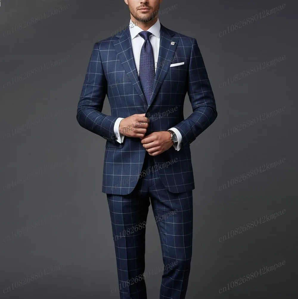 New Navy Blue Plaid Men Suit Groom Groomsman Wedding Party Formal Occasion Business Prom Male Tuxedos 2 Piece Set Jacket Pants
