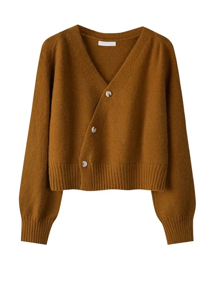 Autumn Winter Skew Button Cardigan V-neck Sweater Women Knitted Long Sleeve Tops Korean Loose Solid Cashmere Woman Sweater