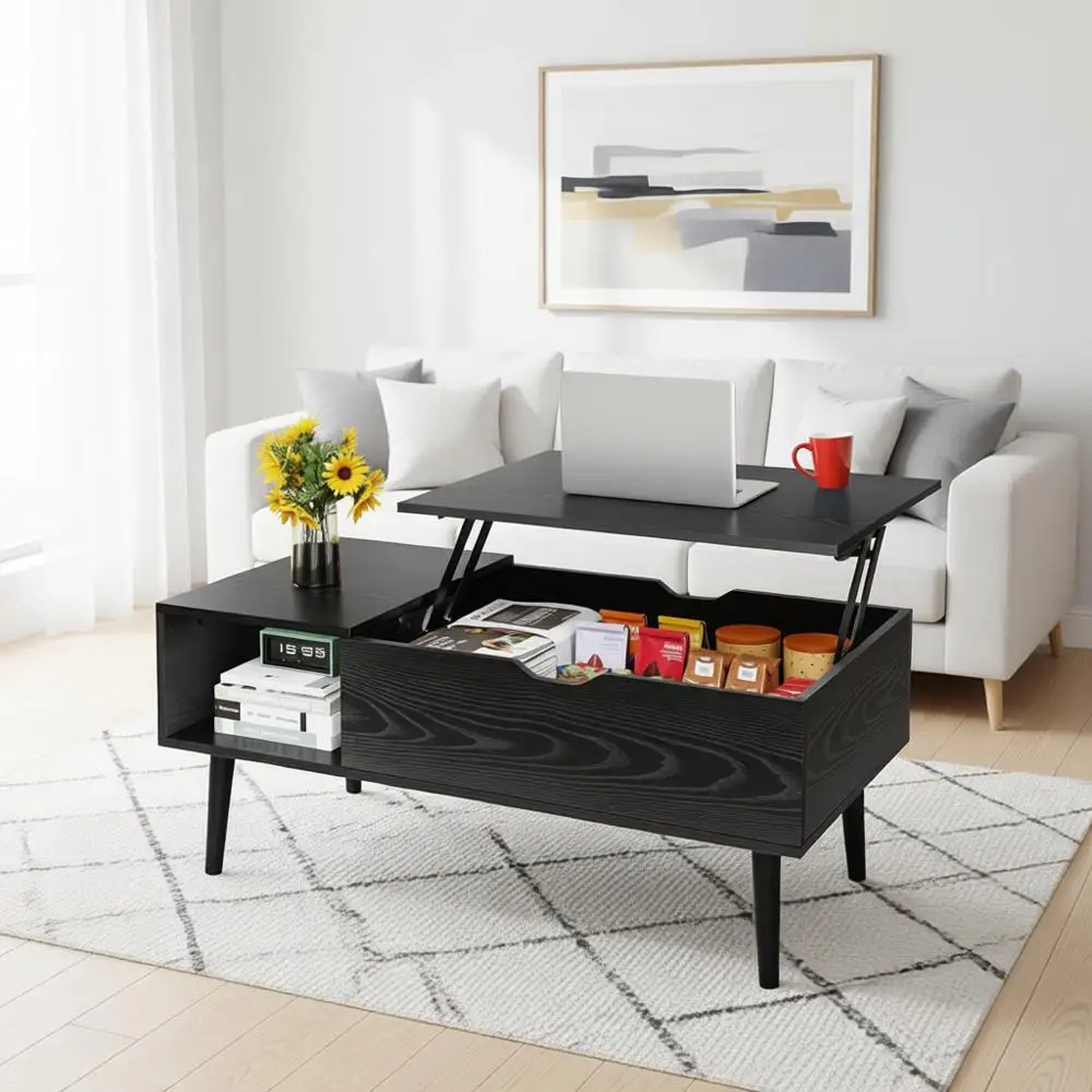 

Lit Top Coffee Table with Hidden Compartment and Large Storage Shelf, Dining Center Table or Home Living Room Office, Black