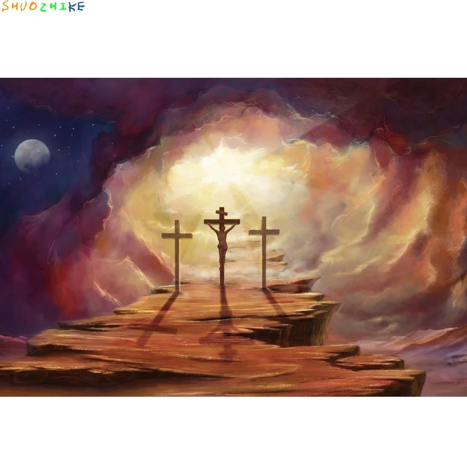 Jesus Christ Cross Backdrop Sunrise Sunset Mountain Crucifix Pray Crucifixion Belief Church School Event Party Background Decor