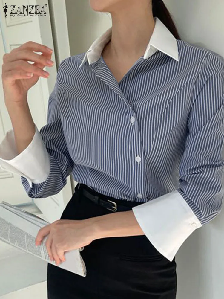 Fashion Women Long Sleeve Striped Shirt Autumn Elegant Lapel Neck Patchwork Blouse ZANZEA Casual OL Work Tops Irregular Blusas