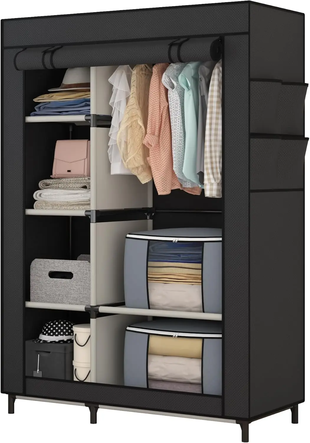 Portable Closet,Wardrobe with 6 Shelves and Hanging Rod,Storage Organizer for Bedroom,Non Woven Fabric Cover with 4 Side Pockets