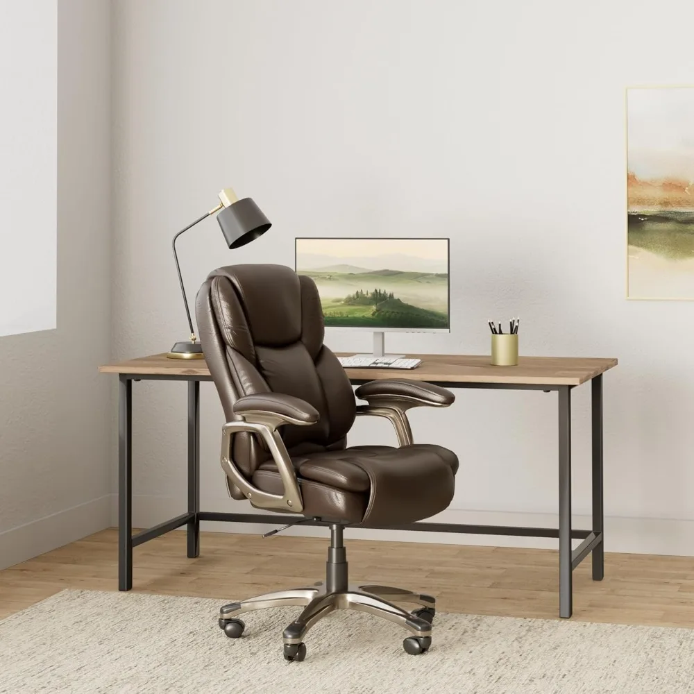 Bonded Leather High-Back Chair, Brown/Silver Adjustable Height, Ergonomic Computer Chairs, Office Chairs