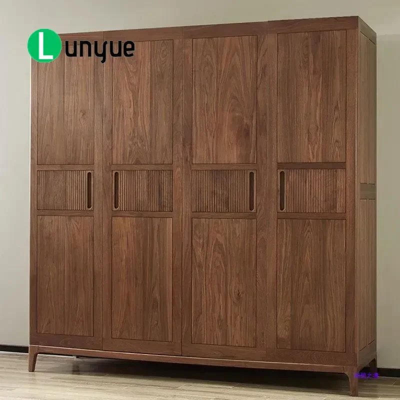 Black Walnut Solid Wood Wardrobe 2m Wide Modern Simple Swing Door Large Storage Cabinet for Bedroom Furniture Home
