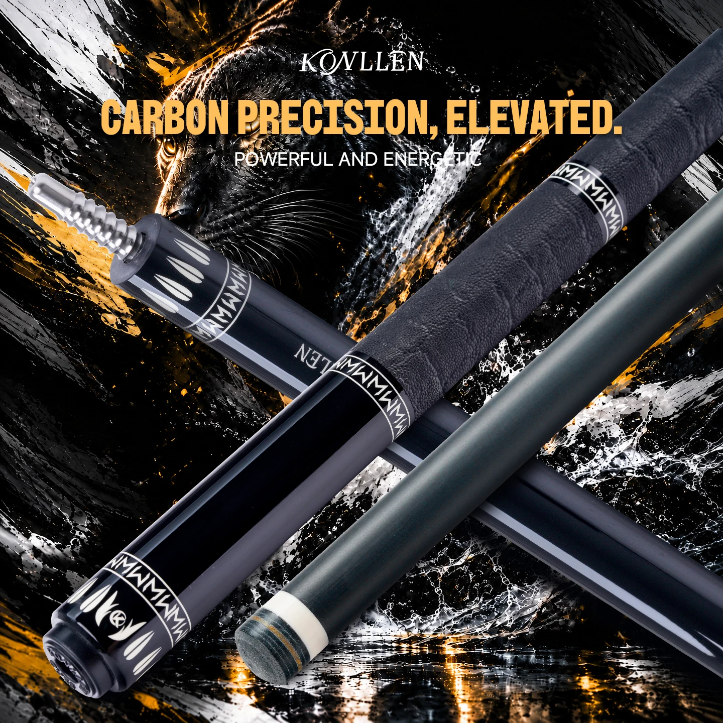 Pool Cue Carbon Fiber Shaft Low Deflection 4-Piece Maple Butt 11.8/12.4mm Tip Titanium 3/8x8 Joint 58in 19-20oz KONLLEN