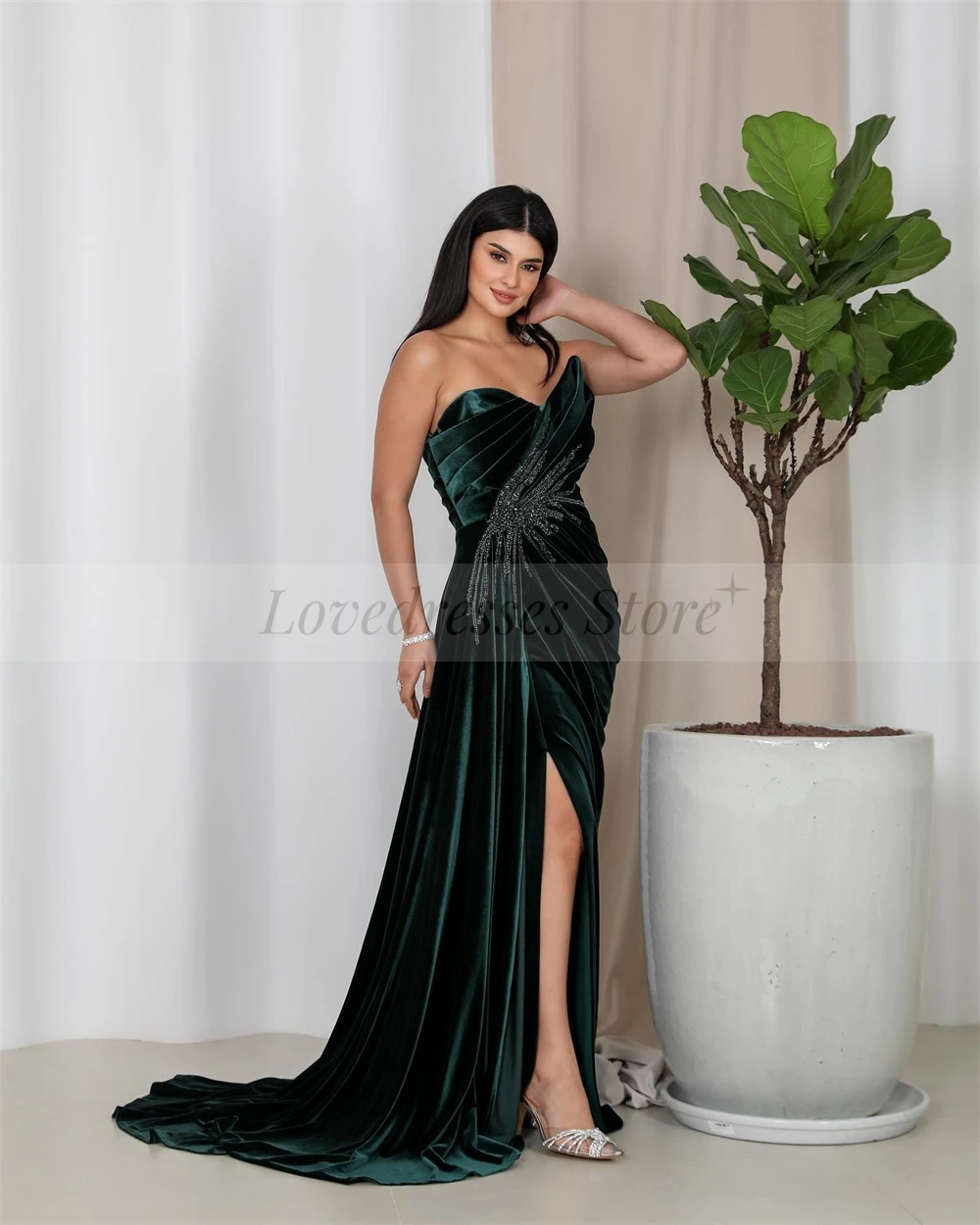 Velour Sleeveless Sexy Side Split Formal Party Dress Backless Sweetheart Neck Evening Dresses Lace Court Train Draped Prom Gown