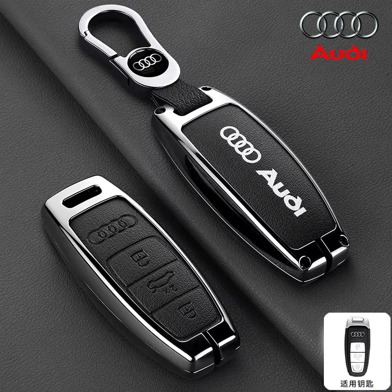 

For Audi A3 A4 B9 A6 A7 4K A8 E-tron Q5 Q8 C8 D5 SQ8 Protected Shell Fob Keychain Accessories Metal Leather Car Key Case Cover