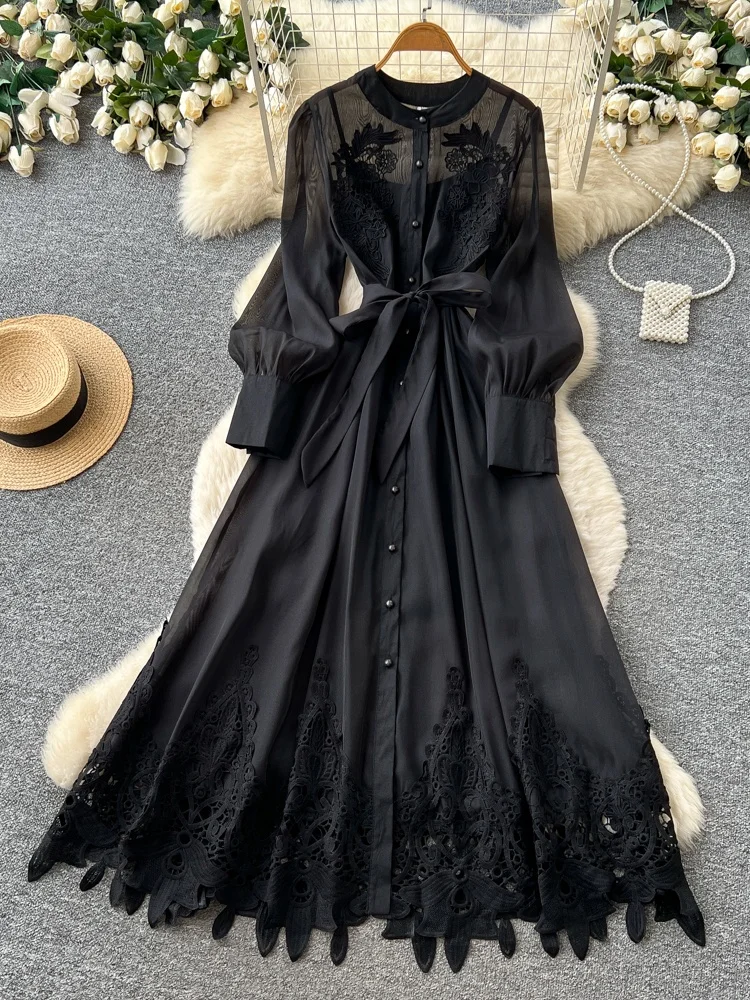 Korean Style Heavy Embroidery Hollow out Long Sleeve Dress Women's Summer Slimming A-Line Skirt Commute Yellow Dress