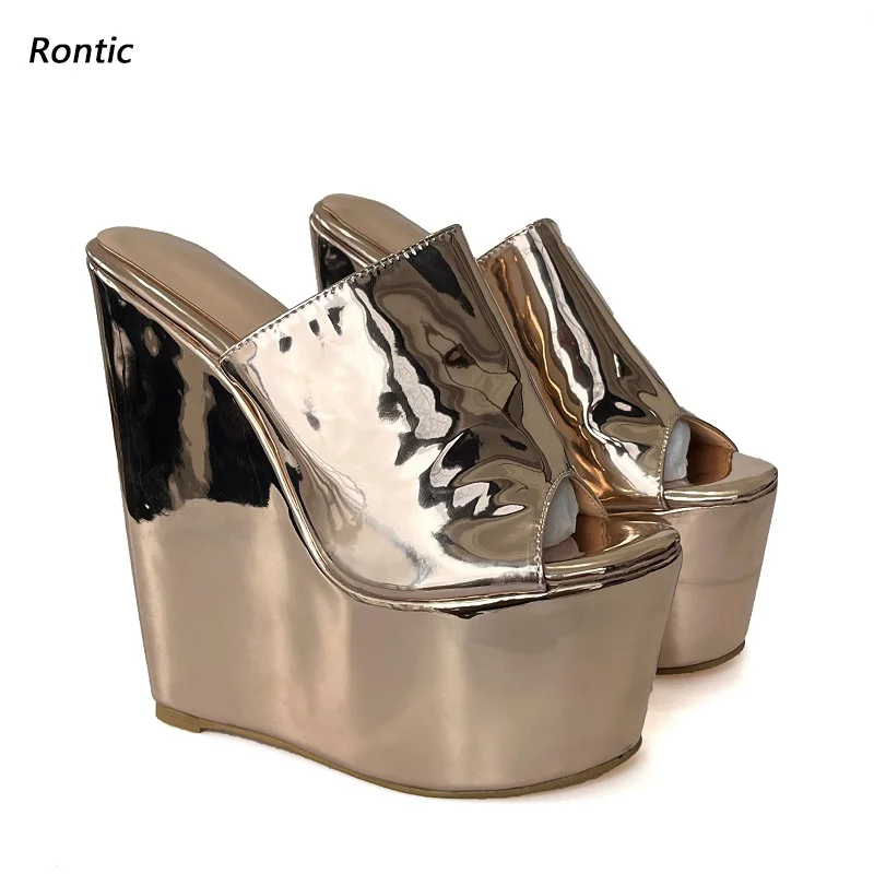 Rontic Handmade Women Platform Mules Sandals Wedges Heels Peep Toe Gorgeous Champagne Party Shoes Ladies US Plus Size 5-16