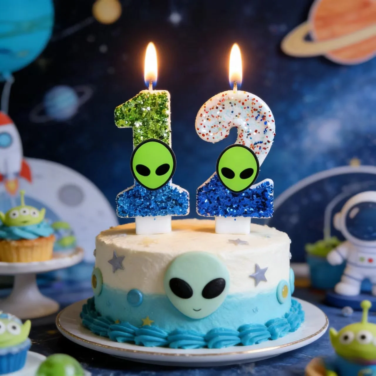 Realistische außerirdische Alien-Kopf-Kerze für Geburtstagstorten-Deko, Weltraum-Themenparty-Zubehör, Sci-Fi-Feier-Gastgeschenke